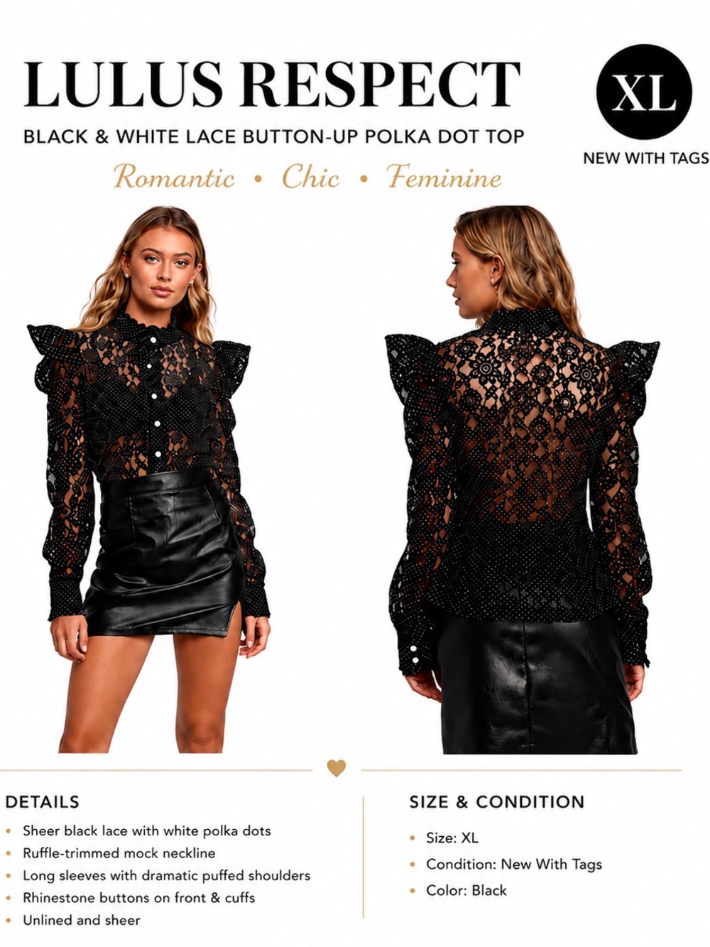 Lulus Respect Black White Lace Polka Dot Sheer Button-Up Blouse size XL NWT